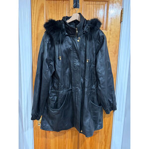Worthington Genuine Lambskin Leather Hooded Coat Black Faux Fur Trim Women’s XL